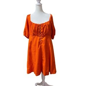 Very J Orange Linen Blend Puff Sleeve Button Front Mini Dress VD33711 Large